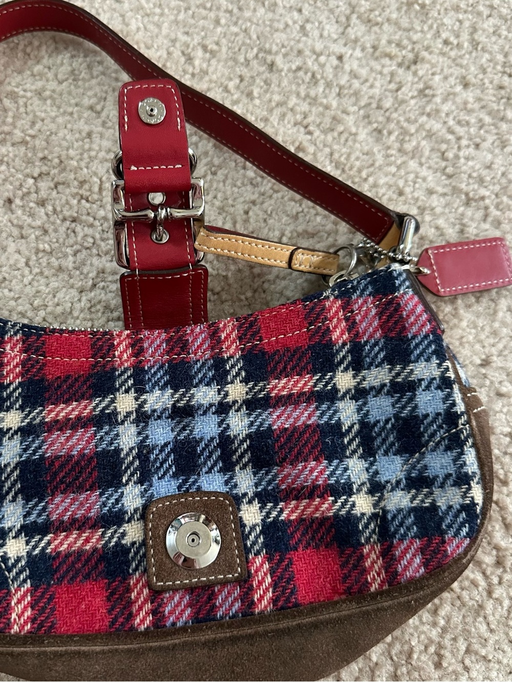 COACH Soho Plaid Wool Mini Shoulder Bag Y2K Red Check Suede Leather Rare ๐โค๏ธ๐ค - Picture 3 of 12